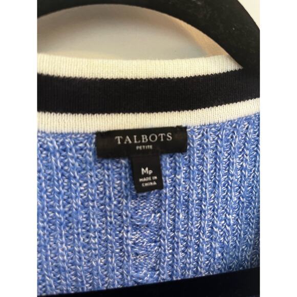 Talbots Cable Knit Cardigan - Tipped Cotton Blend Blue Tenniscore sz. Mp - Picture 7 of 8